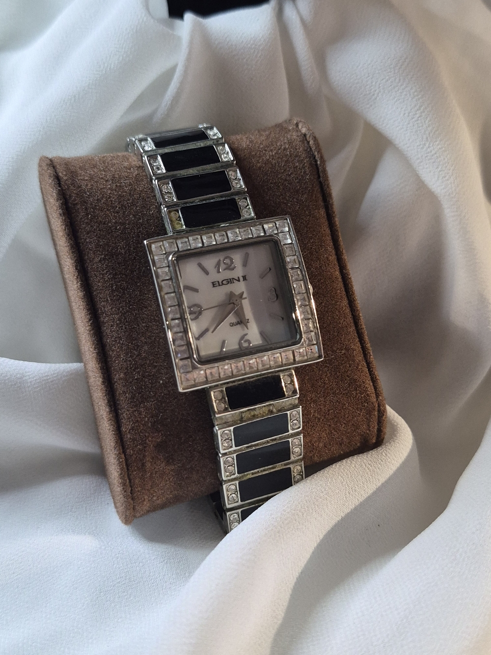 Elgin Women's Silver and Black Square Crystal Bracelet Watch